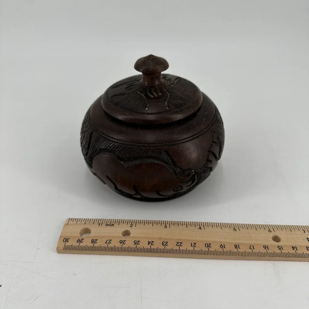 Vintage Hand Carved Wooden Lidded Trinket‎ Box - Rhino Design Folk Art